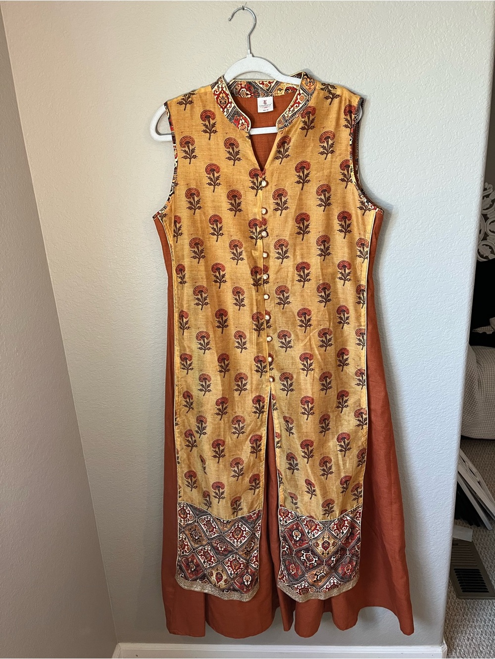 Lobaanya 2XL Indo Western Floral Maxi Kurta Dress Boho Layered Rust Mustard FLAW